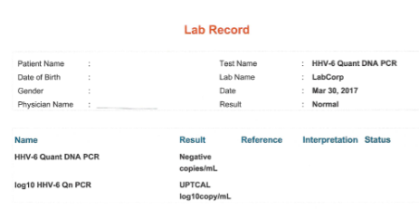 LAB CORP on March 30, 2017, that confirmed the absence of any genetic material of HHV-6